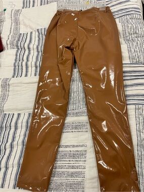 High-Shine Vegan Leather Straight Leg Pants - Cognac Brown